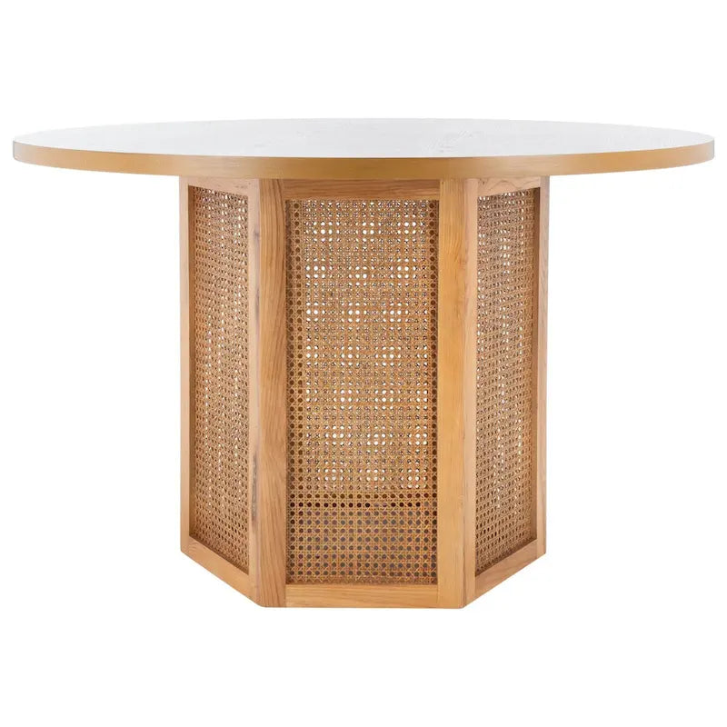 Table à manger ronde avec plateau en marbre blanc et piètement hexagonal en rotin