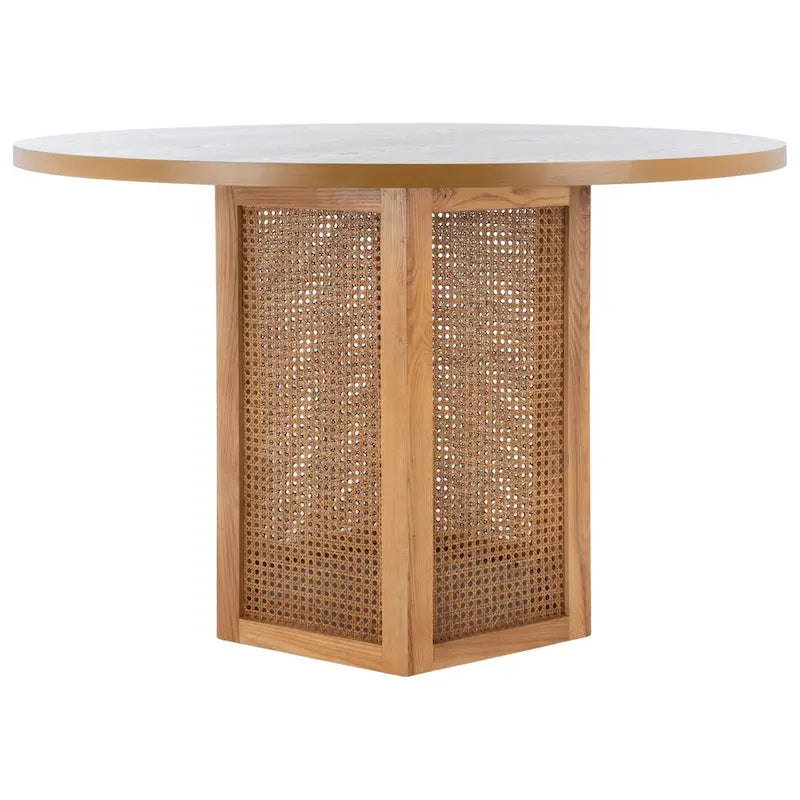 Table à manger ronde avec plateau en marbre blanc et piètement hexagonal en rotin
