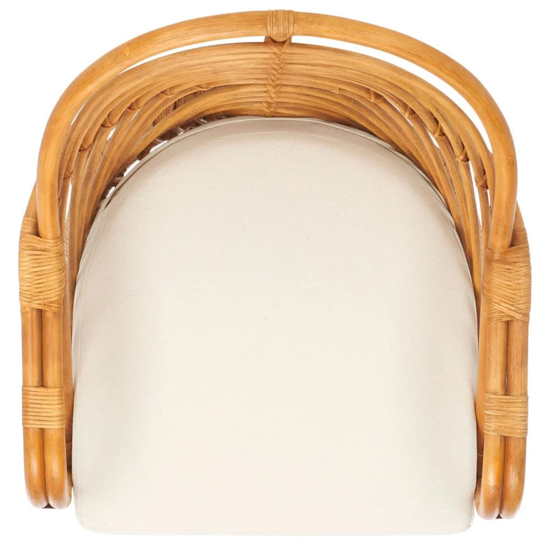 Fauteuil d'appoint en rotin avec coussin en lin blanc et dossier incurvé