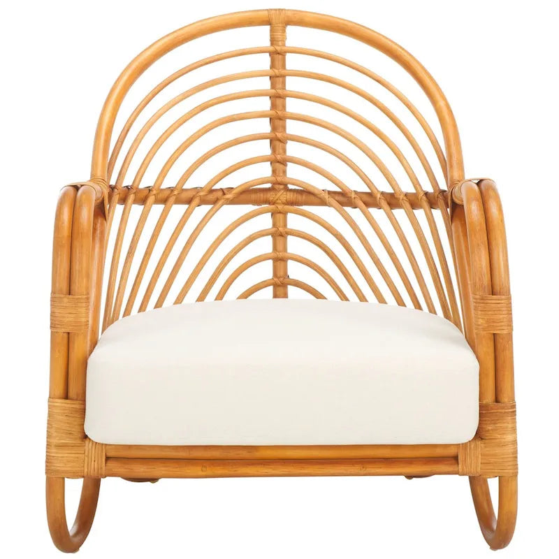 Fauteuil d'appoint en rotin avec coussin en lin blanc et dossier incurvé