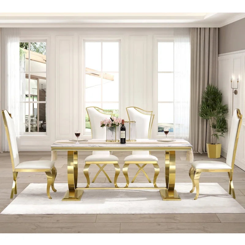 Table à manger de luxe avec piètement circulaire en métal poli - 72 pouces